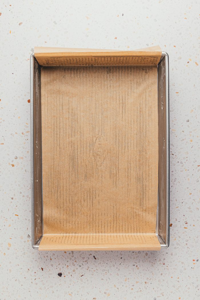 A baking pan prepped for baking.